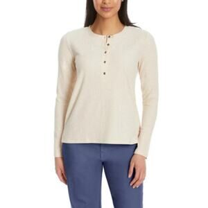 GH Bass Long Sleeve Henley Top Women Size XL Tan Waffle Knit Casual Stretch